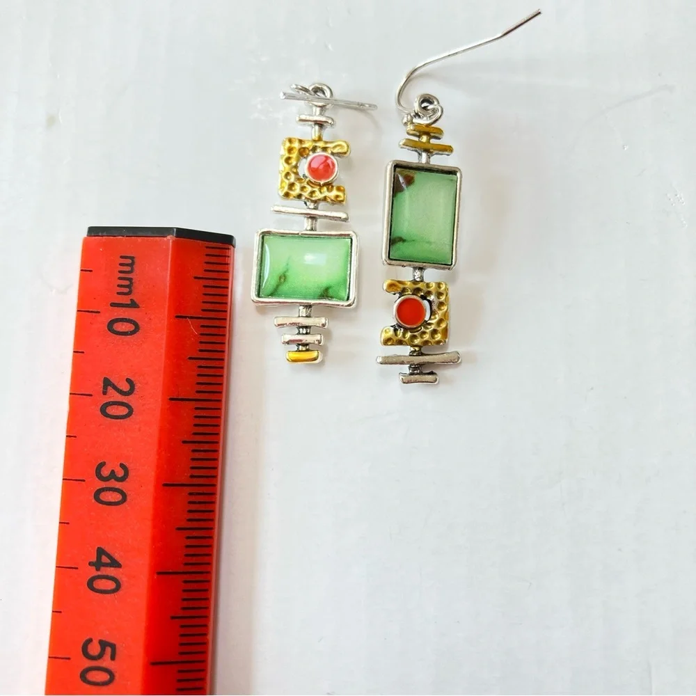 BNWT Green Onyx Marble Effect Geometric Silver Back Earrings - Chic & Versatile - Picture 6 of 10